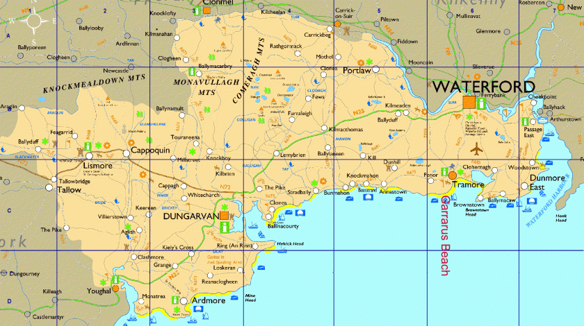 Map of Co. Waterford (Garrarus Beach in Red. Click Map to Zoom)